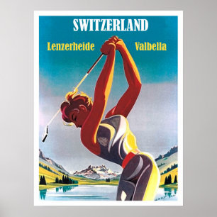 Affiche Femme sur le golf en Suisse, Lenzerheide, Valbella