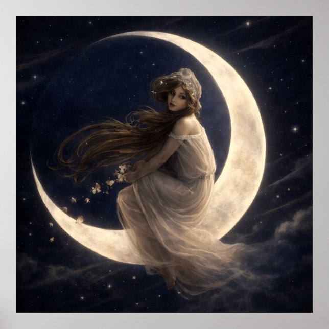 Affiche Femme sur un croissant de lune avec des fleurs (Devant)