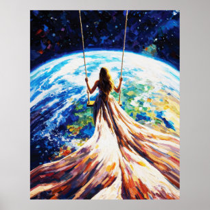 Affiche Femme sur une balançoire au-dessus de la Terre Pei