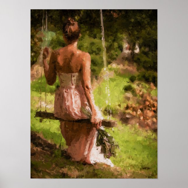Affiche Femme sur une balançoire avec des fleurs (Devant)