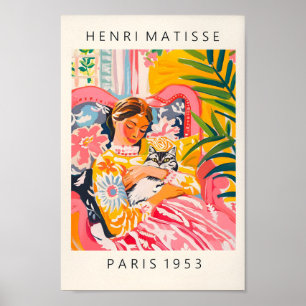 Affiche Femme Tenant Un Chat, Art Mur Rose Matisse, Dopami