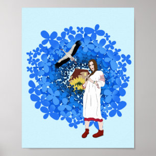 Affiche Femme ukrainienne, cigogne et fleurs