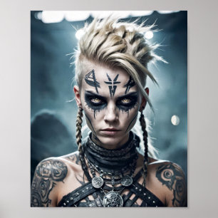 Affiche Femme vicieuse viking avec tatouage rune et signe 