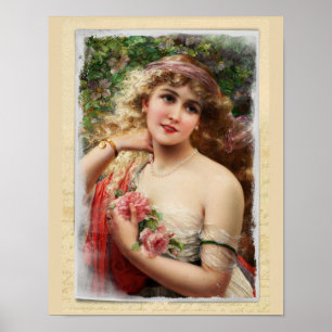 Affiche Femme victorienne aux roses roses roses romantique