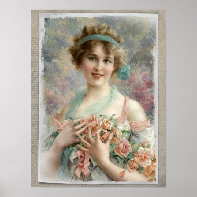Affiche Femme victorienne avec Rose sur Arrière - plan aqu (Devant)