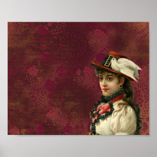 AFFICHE FEMME VICTORIENNE CHAPEAU D'OISEAU PORTRAIT VINTAG