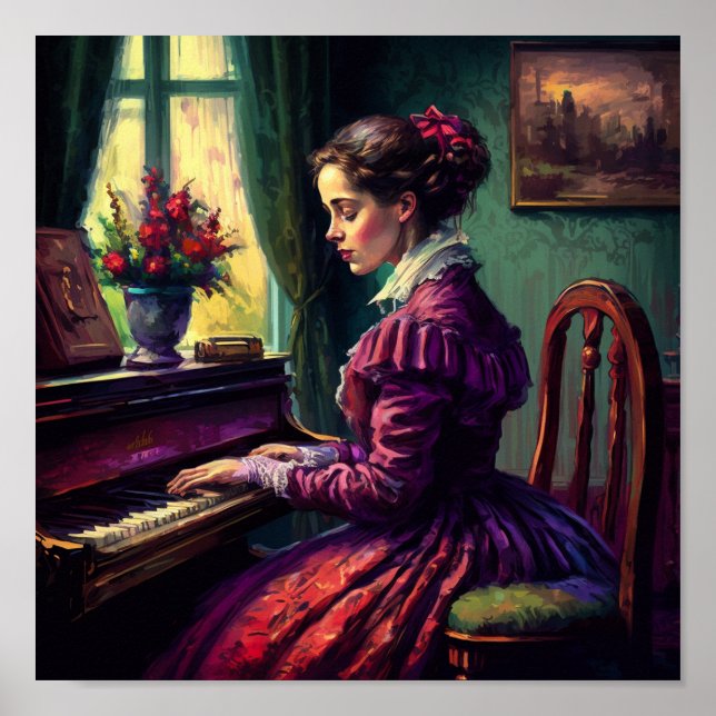Affiche Femme victorienne jouant du piano, peinture à l'hu (Devant)
