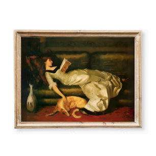 Affiche Femme Victorienne Lecture Avec Chien, Tons Neutres