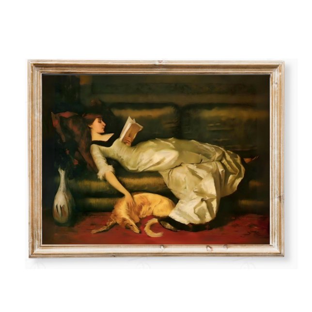 Affiche Femme Victorienne Lecture Avec Chien, Tons Neutres (Créateur téléchargé)