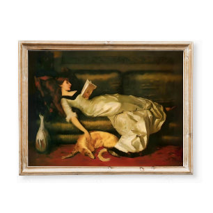 Affiche Femme victorienne lisant avec un chien, tons neutr