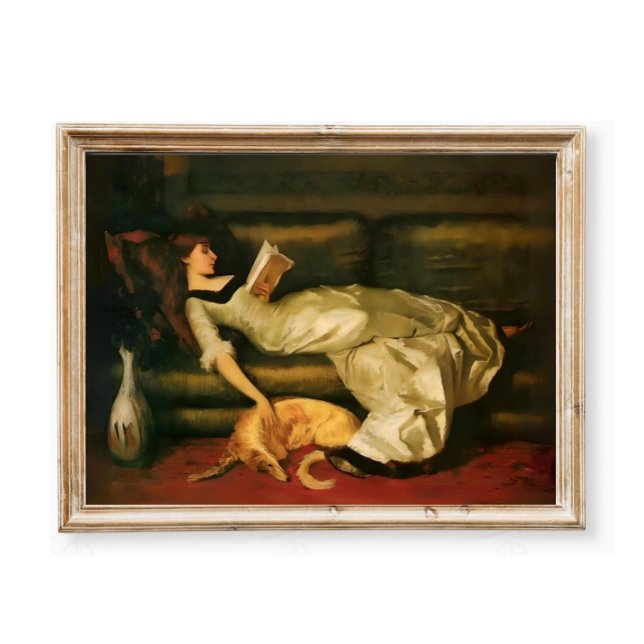 Affiche Femme victorienne lisant avec un chien, tons neutr (Créateur téléchargé)
