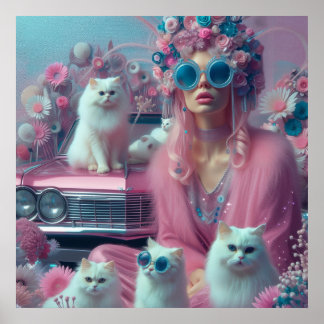 Affiche Femme vintage rétro avec chats blancs