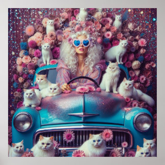 Affiche Femme vintage rétro avec chats blancs