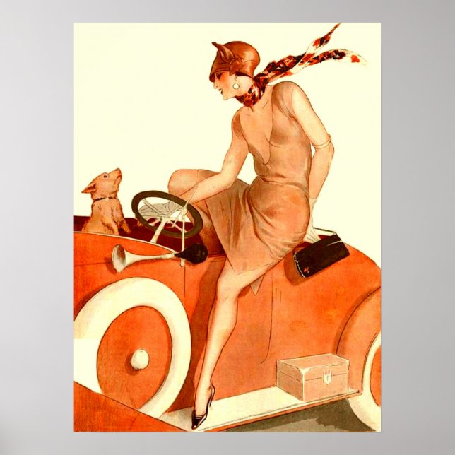 Affiche Femme, voiture et chien des années 1920 (Devant)