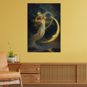 Affiche Femme volant près d'un visage de lune croissante