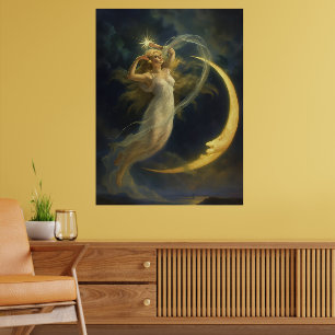 Affiche Femme volant près d'un visage de lune croissante