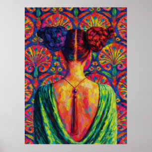 Affiche Femme vue de dos Bun's colorés motif floral