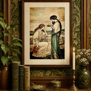 Affiche Femmes Art Nouveau lisant au bord de la mer