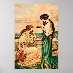 Affiche Femmes Art Nouveau lisant au bord de la mer 