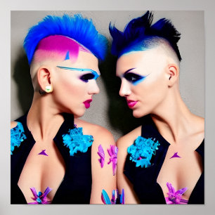Affiche Femmes avec Mohawks noirs, roses et bleus