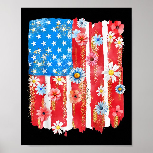 Affiche Femmes Drapeau Américain Fleur Sauvage Rétro 4 Jui (Devant)