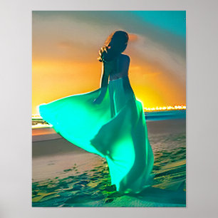 Affiche Femmes en bleu turquoise sur une plage de nuit Imp