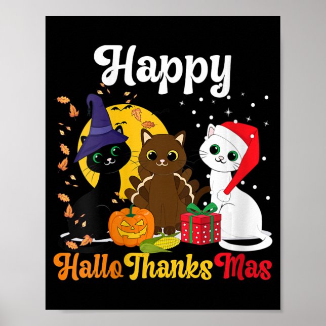 Affiche Femmes joyeuses Hallothanksmas Chats Halloween Noë (Devant)