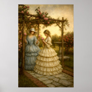 Affiche Femmes sous une tonnelle de roses dans un jardin d