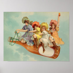Affiche Femmes victoriennes vintage amusantes buvant de la