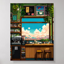 Fenêtre de café cosy en pixel art