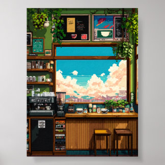 Affiche Fenêtre de café cosy en pixel art