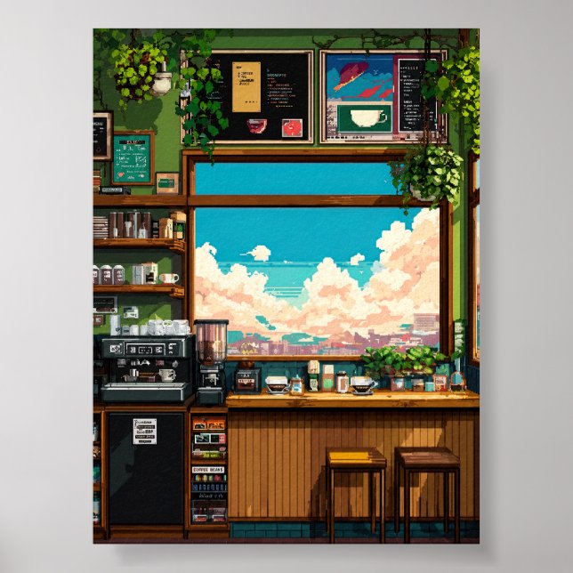 Affiche Fenêtre de café cosy en pixel art (Devant)