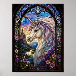 Affiche Fenêtre de vitrail de licorne Art de cathédrale de