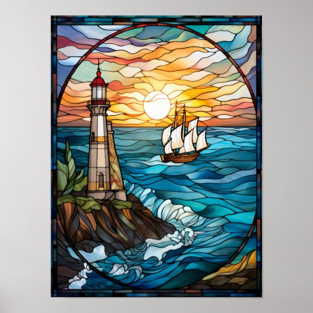 Affiche Fenêtre de vitrail du phare et du voilier  (Devant)