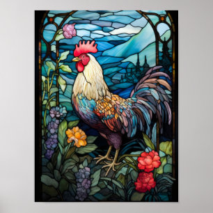 Affiche Fenêtre en verre coloré Coq rustique Jardin de cam