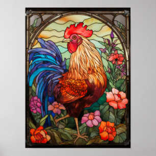 Affiche Fenêtre en verre coloré de coq Ferme colorée Maiso