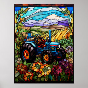 Affiche Fenêtre en verre coloré de tracteur agricole bleu