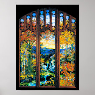 Affiche Fenêtre en verre teinté Tiffany Paysage d'automne