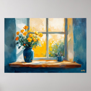 Affiche Fenêtre ensoleillée fauviste avec fleurs – maison 