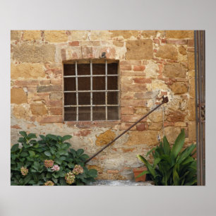 Affiche Fenêtre et vieux mur de pierre, Pienza, Italie