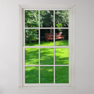 Affiche Fenêtre fausse - Cadre en bois blanc - Vue Jardin