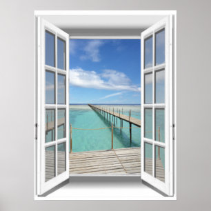 Affiche Fenêtre Faux de vue 3D Boardwalk Ocean