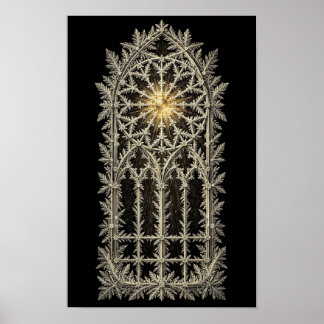 Affiche Fenêtre gothique de givre avec centre de rose doré