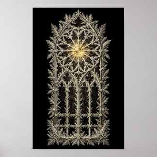 Affiche Fenêtre gothique de givre avec centre de rose doré