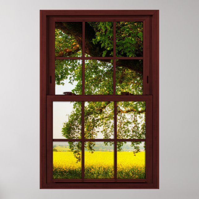 Affiche Fenêtre Image en bois de cerisier Vue Arbre de chê (Devant)