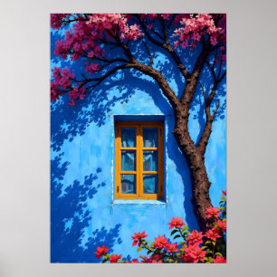 Affiche Fenêtre méditerranéenne bleue sereine et fleurs de