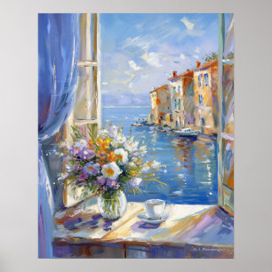 Affiche Fenêtre Vase de fleurs avec vue sur la côte italie