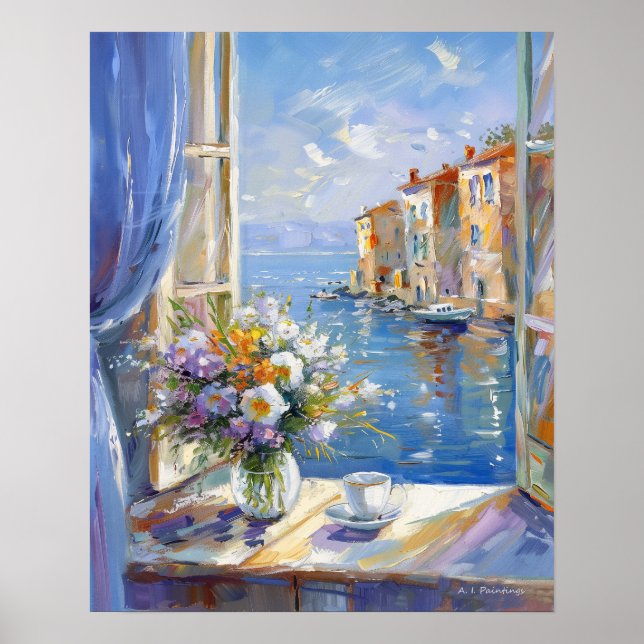 Affiche Fenêtre Vase de fleurs avec vue sur la côte italie (Devant)
