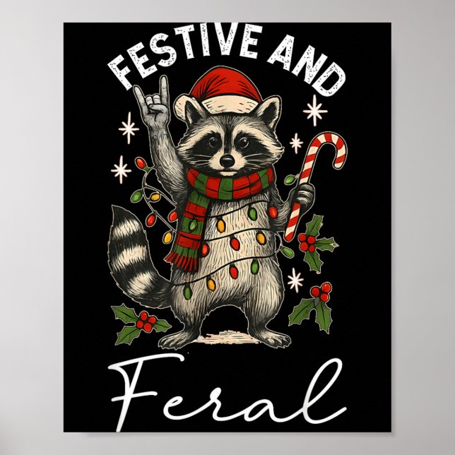 Affiche Feral And Festive Raccoon Santa Hat Christmas Ligh (Devant)