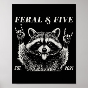 Affiche Féral et cinq ratons laveurs drôle 5e anniversaire